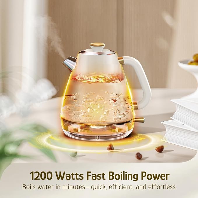 Hazel Quinn Retro Electric Kettle, 1.7 Liters with Thermometer, Pearl White | 57.5 Ounces Tea Kettle All Stainless Steel, 1200 Watts Fast Boiling, BPA-free, Cordless, Automatic Shut Off, Home and Office