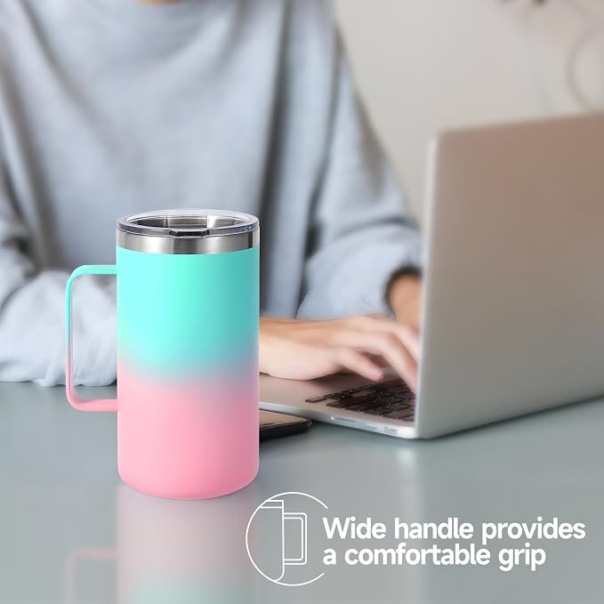 Volhoply 22oz Insulated Stainless Steel Coffee Mug with Leakproof Lid,Double Wall Vacuum Travel Coffee Cup with Handle,Reusable Metal Tumbler,Camping Mugs Keep Hot&Cold(Green Pink,1)