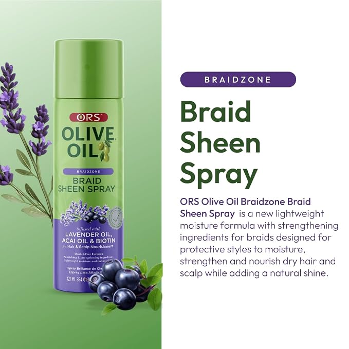 ORS Olive Oil Braidzone Braid Sheen Spray with Lavender, Acai & Biotin for Hair & Scalp Nourishment 10 Ounces