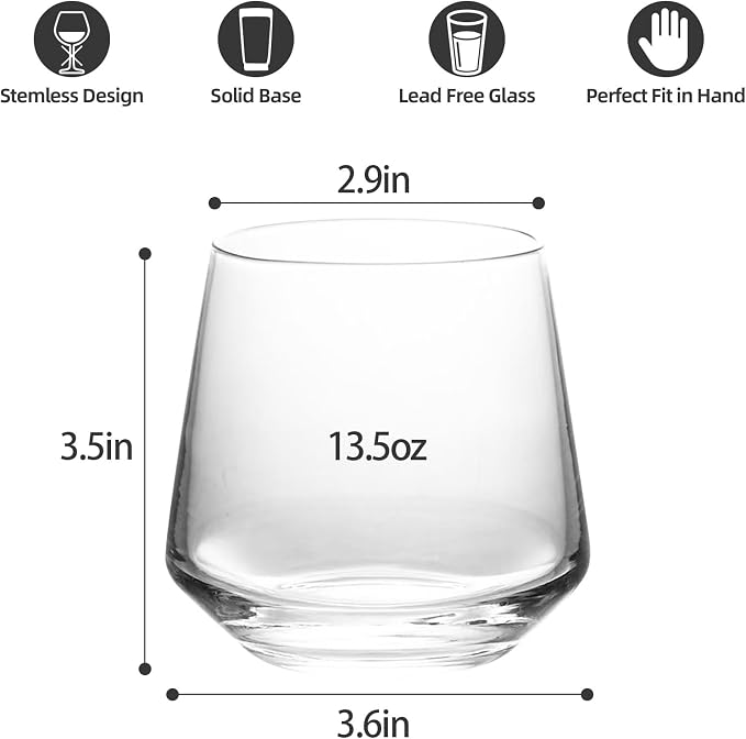 Stemless Wine Glasses Set of 4, 13.5oz, Crystal Clear Red White Wine Glasses for Daily Use, Lead-free, Dishwasher Safe, Glasses Drinking Set, Ideal for Home Bar, Parties & Gifts