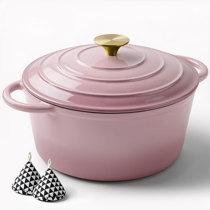 Miereirl 4.5 Quart Enameled Dutch Oven Pot with Lid, Cast Iron Dutch Oven with Dual Handles for Bread Baking, Cooking, Non-stick Enamel Coated Cookware, Pink
