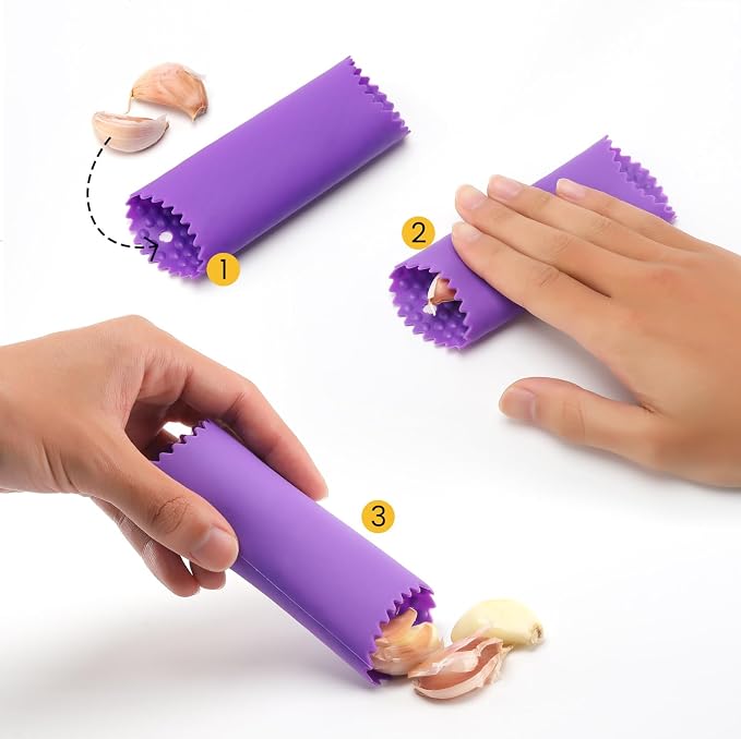 BURLIHOME Stainless Steel Garlic Press Mincer,Heavy-Duty,Purple Peeler Tube | Metal Ginger Press,Strong Squeeze,Mince Garlic & Ginger,Dishwasher Safe,Kitchen Essential,Meal Prep Tool,Easy Clean,Silver