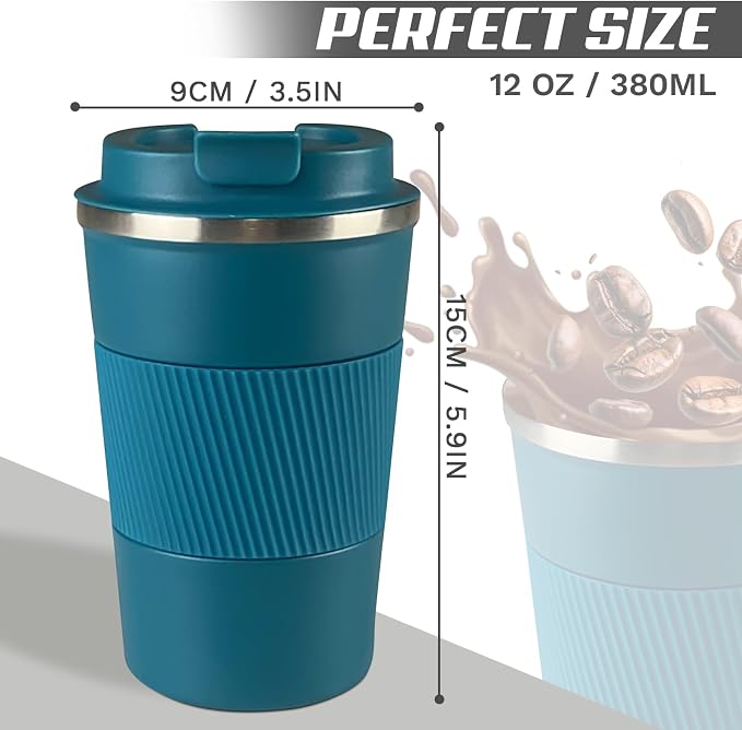 Vacuum Insulated Stainless Steel Travel Coffee Mug, Leak Proof Cup with Lid | 304 stainless steel mug with vacuum insulation, leak proof lid, silicone grip and car cup holder friendly design