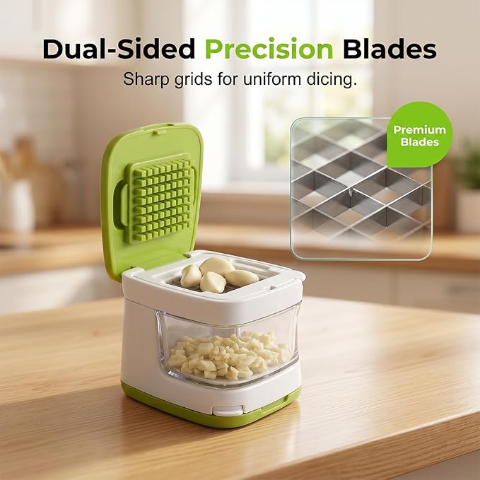Mini Garlic Chopper and Press with Container (1 Pcs) | 2026 New Multifunctional Manual Mincer, Stainless Steel Blades, Handheld Kitchen Gadget, Dishwasher Safe