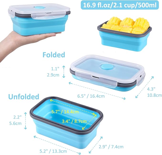 Collapsible Food Storage Containers with Airtight Lid, 16.9 oz, Small Kitchen Stacking Silicone Collapsible Meal Prep Container Set for Leftover, Microwave Freezer Dishwasher Safe, 4 Colors, Set of 4