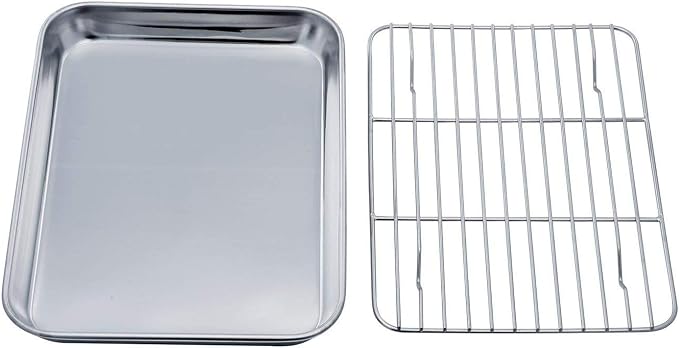 TeamFar Toaster Oven Tray and Rack Set, 9.3" x 7" x 1" Toaster Oven Pan | Stainless Steel Toaster Oven Pan Broiler Pan with Wire Rack for Cooking, Non Toxic & Healthy, Easy Clean & Dishwasher Safe