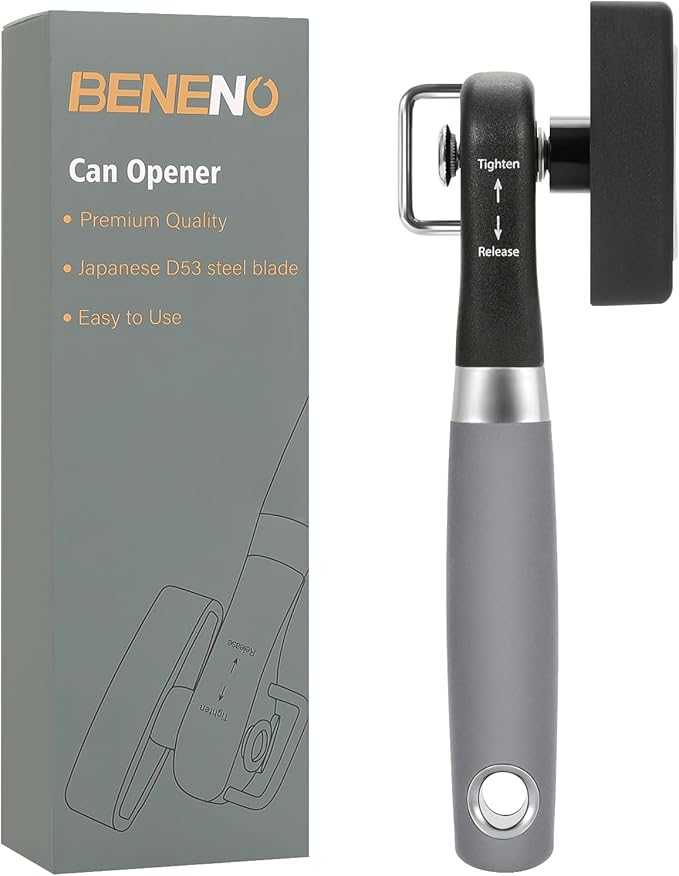 Beneno Can Opener, Manual Side Safe Cut Can Opener Smooth Edge, Gray | Durable Sharp DC53 Steel Cutting Blade, Clean Cut with no Sharp Can Edges, Big Effort-Saving Knob, Comfortable Non-Slip Grip