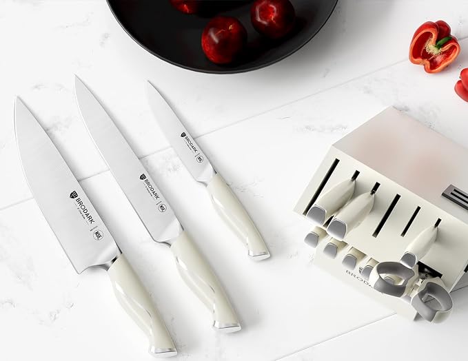 15Pcs Professional High Carbon Stainless Steel Knife Set With Block | Premium Ultra Sharp German Steel Kitchen Knives with Built-in Sharpener, Ergonomic White Handle, Ideal Gift, Ivory Series