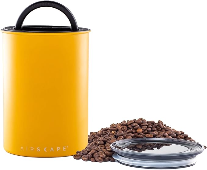 Planetary Design Airscape Stainless Steel Coffee Canister | Food Storage | Food Storage Container | US Patented Airtight Lid | Push Out Excess Air Preserve Food Freshness (Medium, Matte Yellow)