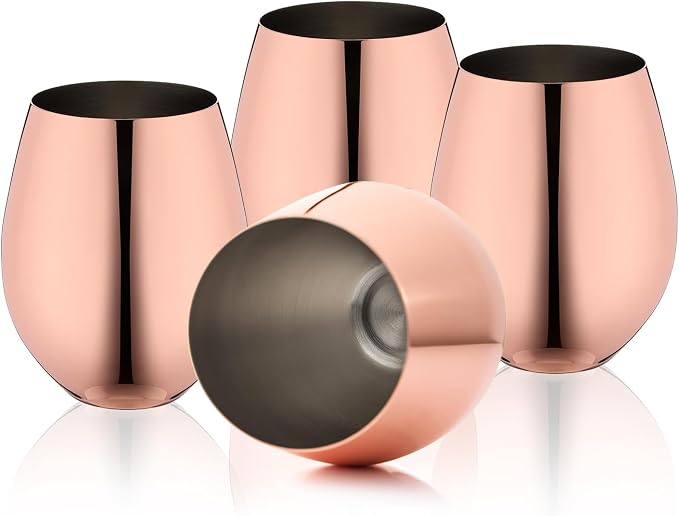 WOTOR Rose Gold Stemless Wine Glasses, 18oz, Stainless Steel, Set of 4 | Unbreakable, Metal, Outdoor Events, Ideal Gift