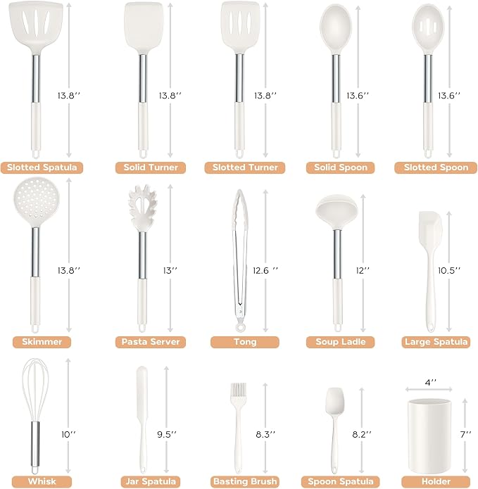 Onader Silicone Kitchen Utensils Set, 15pcs White Silicone Cooking Utensils Set with Holder, Includes Heat Resistant Spatula Turner Spoon Whisk Tong