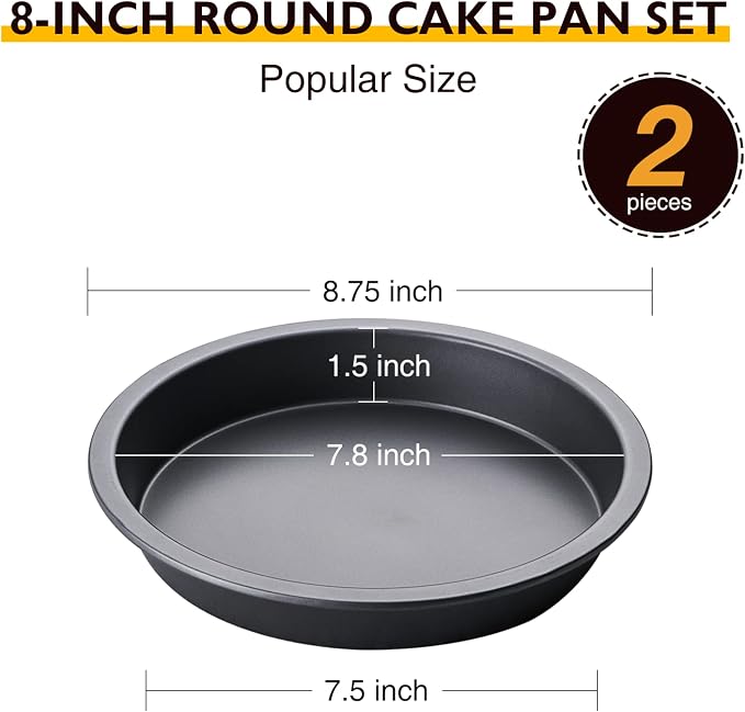 Round Cake Baking Pan, 8 Inch, Shallow Cookie Pans, Layer Cake Pans with Wider Grips, Nonstick Circle Pizza Tin, Huty Duty, Dishwasher Safe, 2 Pieces- Grey