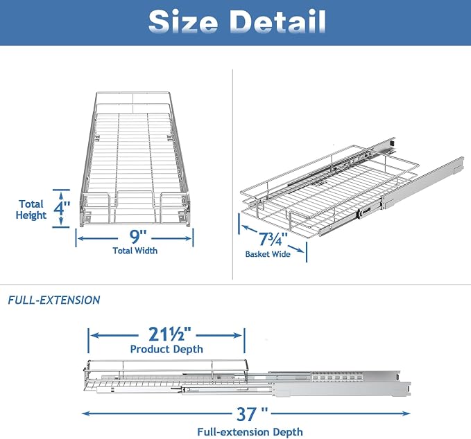 Pull Out Cabinet Organizer 9" W x 21½" D, Heavy Duty Cabinet Pull Out Shelves, Slide Out Drawers Organization for Kitchen Cabinets Bathroom