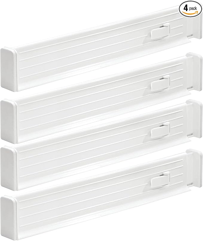 mDesign Expandable Dresser Drawer Divider with Foam Ends, Drawer Divider Locks in Place, Separators for Clothing and Accessories in Closet or Dresser Drawer, Ligne Collection, 4 Pack, White