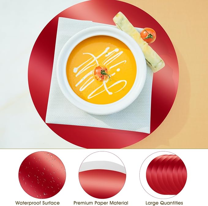 100PCS 13in Round Red Placemats, Disposable Paper Chargers Plate | Mirrored Red Paper Placemats for Dining Table, for Christmas Valentines Kitchen Banquet Wedding Birthday Party Table Decor