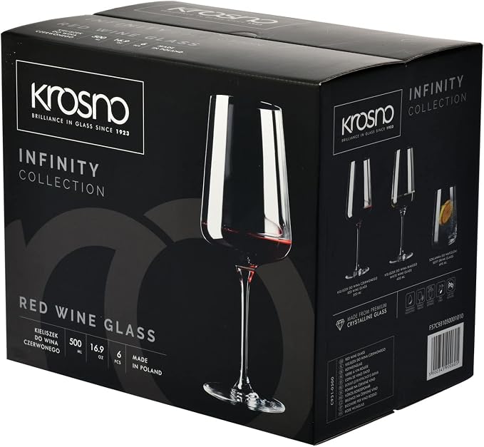 KROSNO Red Wine Glasses Set of 6, 16.9 oz, Infinity Collection | Wine Tumbler with Stem, Lead-Free Crystal Glassware, Drinking Glasses, Elegant Cups, Home & Restaurant, Dishwasher Safe