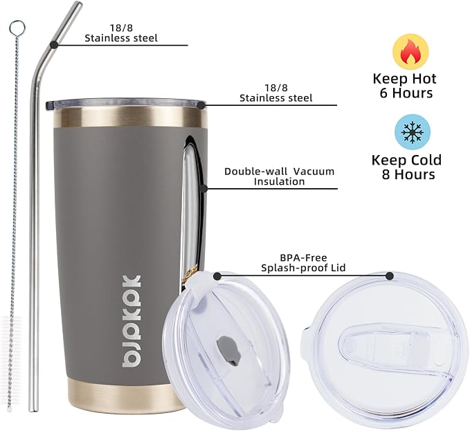 BJPKPK 20 oz Coffee Tumbler with Lid, Straw, Insulated Stainless Steel Mug | Double Wall Vacuum, Keeps Hot/Cold, BPA Free, Leak Proof, Iced Coffee Cup Fit Car Holder, Travel & Beach Ready, Gray