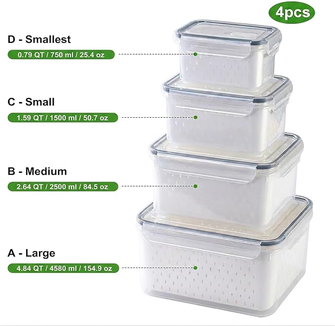 Fruit Storage Containers for Fridge with Removable Colander, Food Storage Containers with Lids, Dishwasher & Microwave Safe, Keep Berry Fruit Vegetable Meat Fresh Longer (Clear Body/Clear Lid)