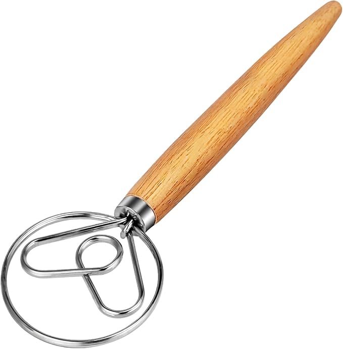 TEEVEA Danish Dough Whisk Wooden Handle Stainless Steel for Sourdough Bread | Dutch Dough Hook, Replaces Hand Mixer and Spoon, Bread Baking Tool, Food Grade Rust Resistant Steel, Non-Stick, Easy to Clean