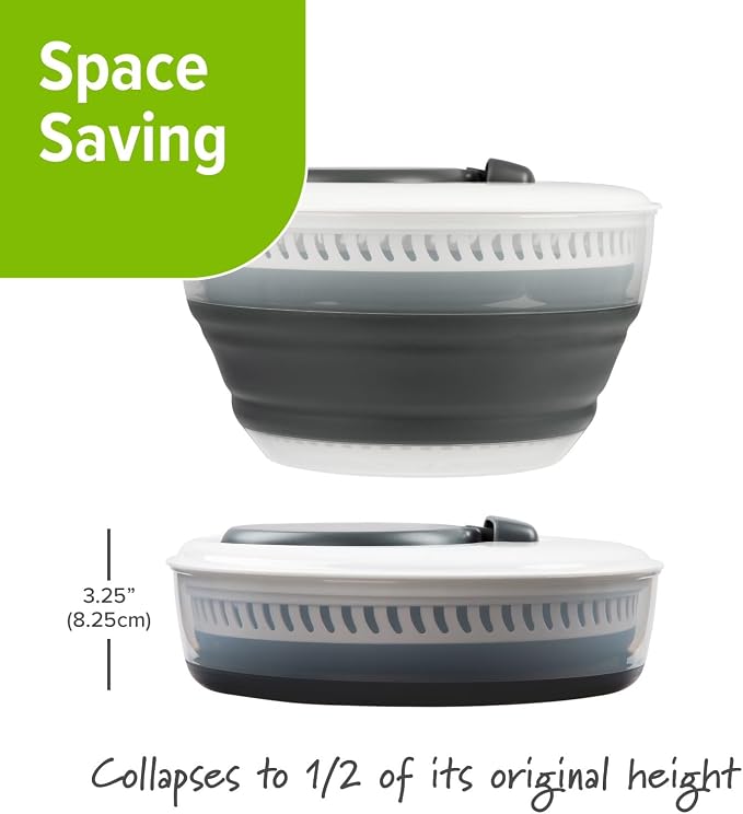Space Saving 3 Quart Collapsible Salad Spinner with Comfort Easy Grip Handle, Foldable Lightweight Vegetable Dryer, BPA Free Kitchen Lettuce Washing Drying Tool for Fruit Veggie Storage