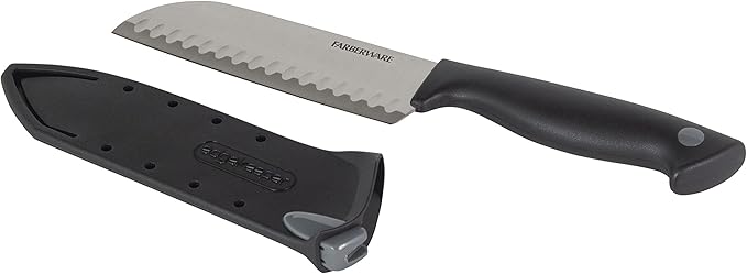Farberware EdgeKeeper 5 Inch Santoku Knife with Self-Sharpening Blade Cover, High-Carbon Stainless Steel Blade with Oval Indentations, Ergonomic Handle