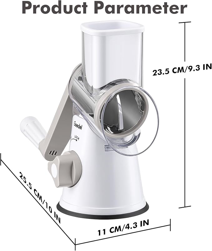 Geedel Rotary Cheese Grater Hand Crank, Cheese Shredder Vegetable Slicer | 3 Blades, 430 Stainless Steel, 12x Fast Cutting, Strong Suction Base, No BPA, Dishwasher Safe, for Cheese, Veggie, Nut