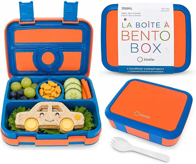 kinsho Bento Lunch Box for Kids Toddlers Boys, 5 Portion Sections Secure Lid, Microwave Safe BPA Free Removable Tray, Pre-School Kid Daycare Lunches Snack Container Ages 3 to 5, Blue Orange