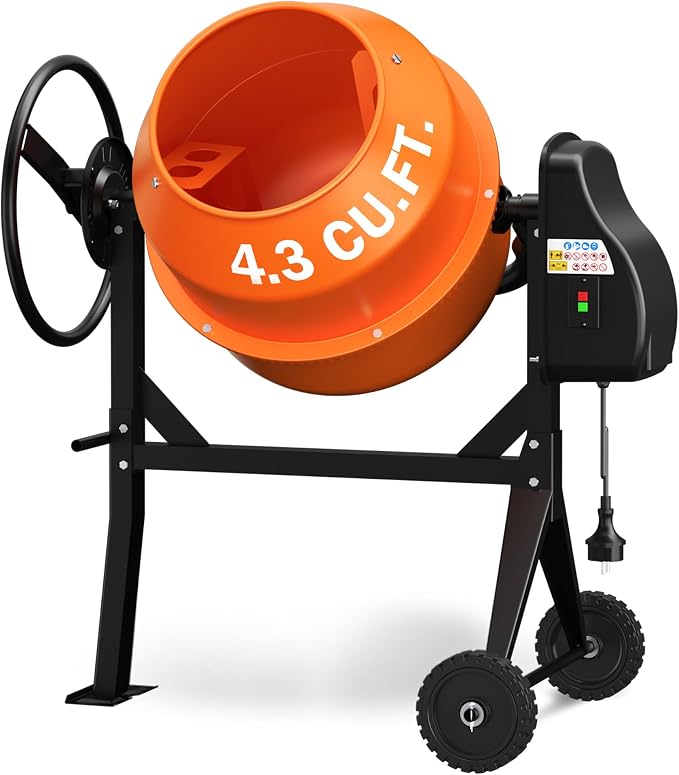 120L Electric Cement Mixer, 4.3 Cubic Ft. 450W 3/5HP Portable Concrete Mixer Machine with Stand And Wheels for Stucco, Mortar, Seeds, Orange