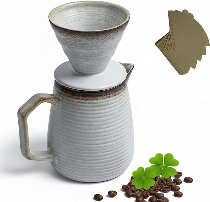 pour over coffee maker - Ceramic Dripper Pot, Heat-Resistant & Easy Clean | Manual Slow Drip Coffee Brewer for Office, Home, Camping 1-3 Cup Pour 20 coffee filters