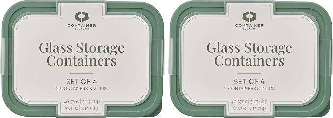 Glass Food Storage Containers with Lids — 8 Piece — 57.5 oz & 40.57 oz Glass with BPA-Free Leakproof Stackable Lids — Microwave, Oven & Dishwasher Safe — Ideal for Meal Prep & More - Soft Sage