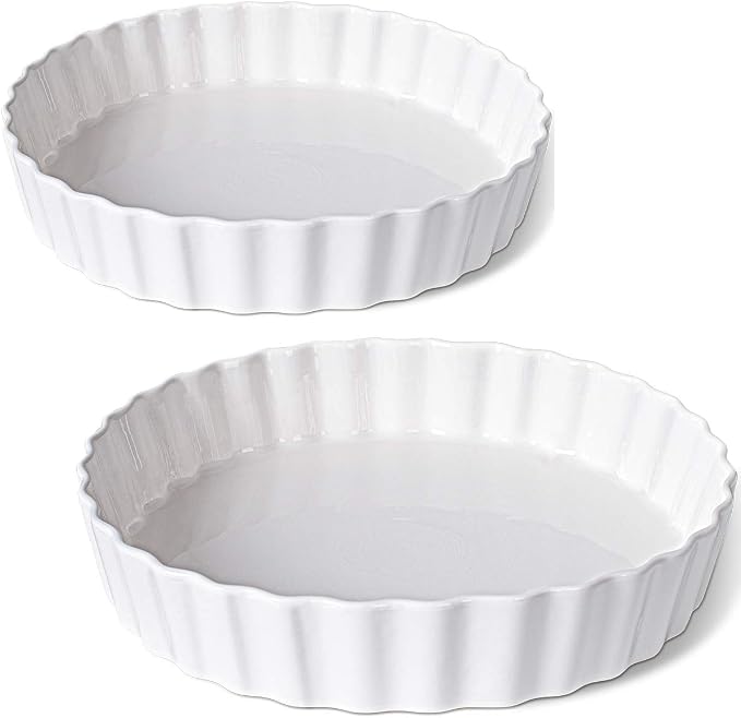 DELLING 9.5 Inch Ceramic Tart Pan Set of 2 - Porcelain Quiche Baking Dish with Fluted Edge, Round Pie Pan for Chicken Pot Pie, Cheesecake, Creme Brulee - White Oven Safe Bakeware