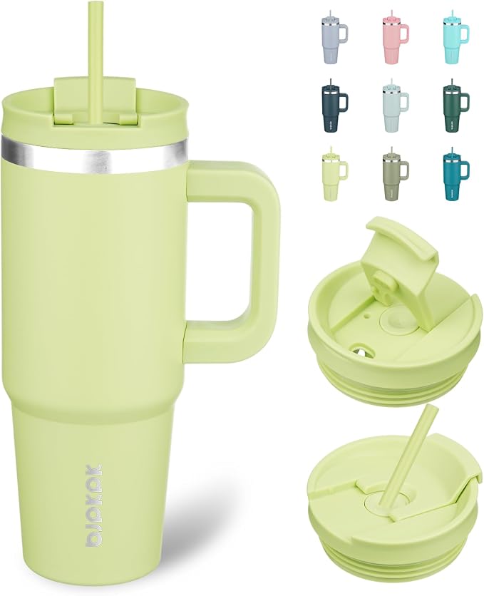BJPKPK 30 oz Insulated Tumbler with Handle & Straw, Stainless Steel | Double Wall Vacuum Insulation, Leak Proof, BPA Free, Dishwasher Safe, Cupholder Friendly, Travel & Outdoor, Macaron Green