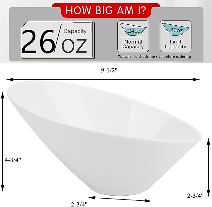 Yesland 24oz White Ceramic Serving Bowls Set of 2, 9.5" Angled Salad Pasta Bowls, Dishwasher Microwave Safe for Soup, Ramen, Cereal, Rice, Noodle, Kitchen & Restaurant Use