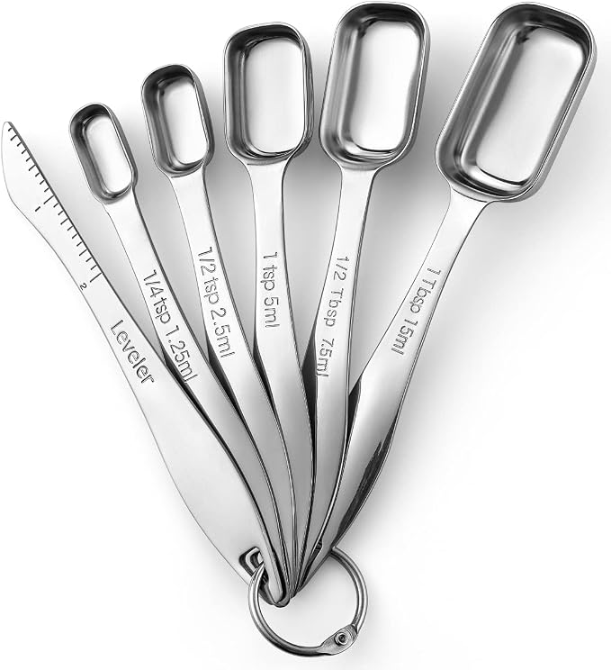 Spring Chef Stackable Stainless Steel Measuring Spoons Set of 6 w/Leveler | Rectangular Metric Metal Teaspoon & Tablespoon Measuring Spoons for Dry & Liquid Ingredients, Fits in Spice Jars, Long Handle