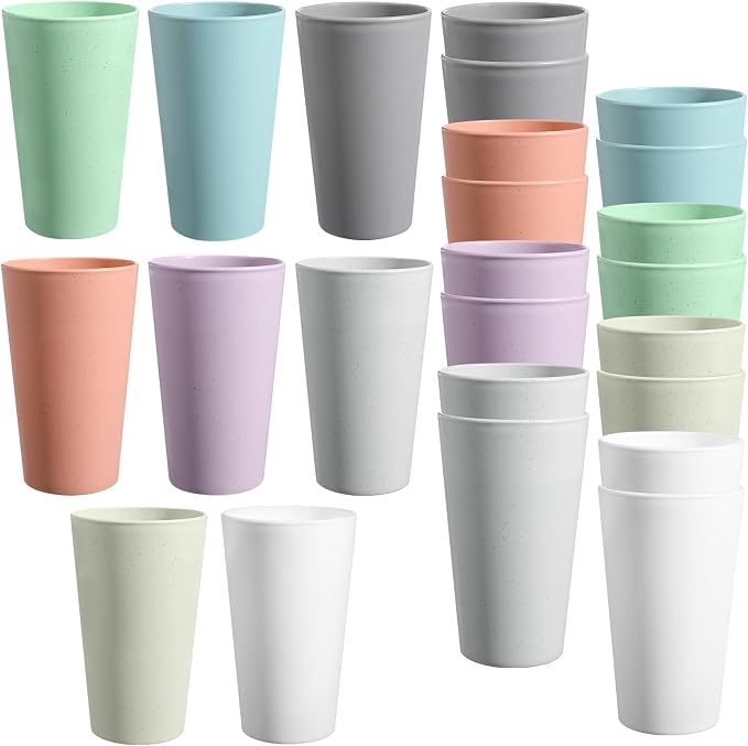 HEYCOME Set of 16 Wheat Straw Cups, 16 Pcs 20 oz Unbreakable Drinking Cups, Reusable Plastic Cups Sets, Water Glasses Tumblers, Microwave & Dishwasher Safe, Bpa Free, 8 Colors