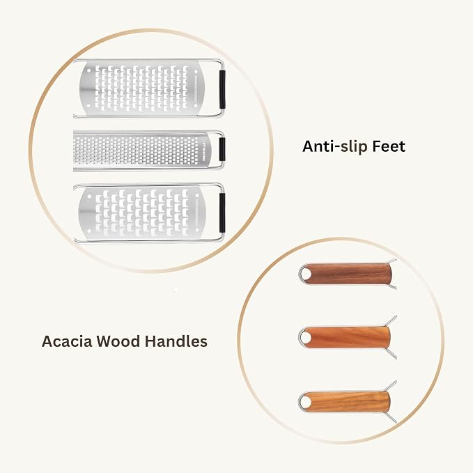 3-Piece Stainless Steel Cheese Grater & Zester Set w/Acacia Wood Handles – For Parmesan, Lemon Zest, Ginger, and Spices
