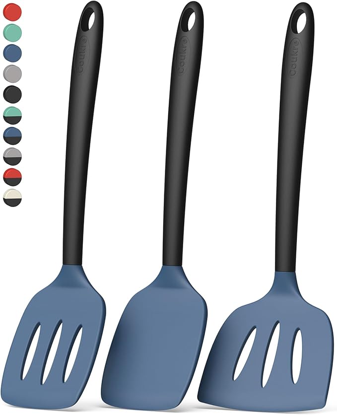 Coukre 3 Pack Silicone Spatula Set, Heat Resistant to 500°F, BPA-Free | Fish Spatula, Solid & Slotted Turners, Dishwasher Safe, Spatula Set for Eggs, Pancakes, Fish & Burgers, DarkBlueBlack