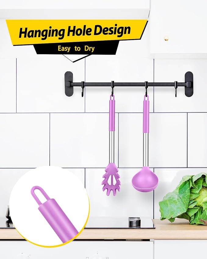BUNDLEPRO Silicone Pasta Fork and Ladle Spoon Set, 2 Pack, Purple | Large Non Stick, High Heat Resistant Kitchen Utensils for Cooking,Stirring,Serving Spaghetti, Soup, Sauce