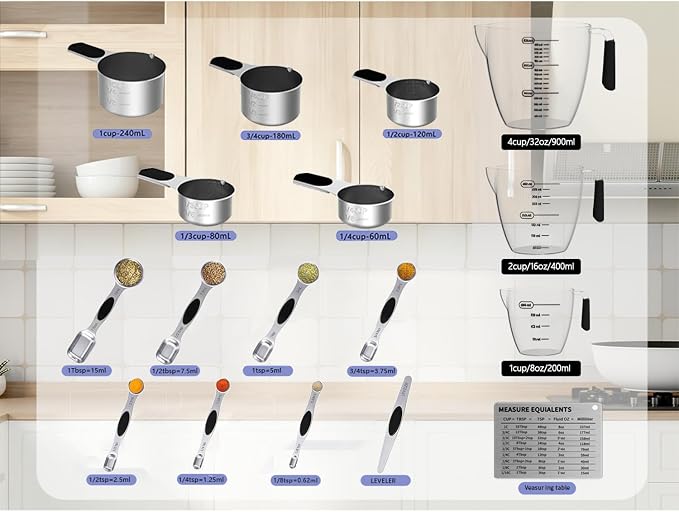 Measuring cups and spoons set,Magnetic Measuring 5 Cups 7 Spoons & 1 Leveler, 3 Plastic Measuring Cup with 1 Measuring Conversion Chart, Metal Stainless Steel for Baking & Cooking