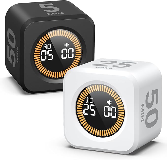 KADAMS Pomodoro Cube Timer Productivity Visual Timer - 5/10/25/50 Min Rotating Countdown (2 Pack Black & White)