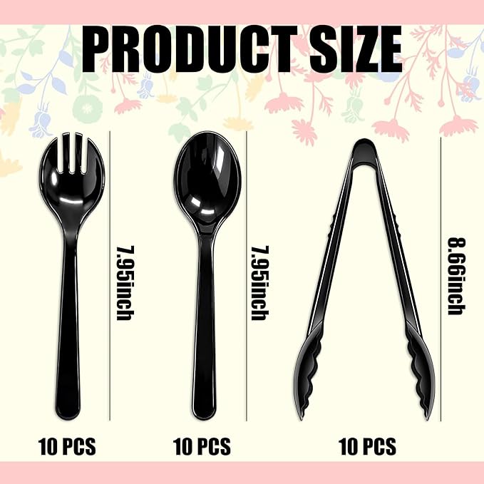 24 Pack Disposable Black Plastic Serving Utensils, Including Plastic Serving Spoons, Forks And Tongs, Disposable Serving Spoons For Buffet Dinner Parties Buffets Banquets Events Weddings And Daily Use