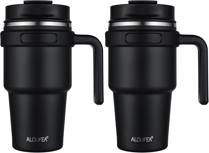 20 oz Insulated Travel Coffee Mug Tumbler with Handle and Straw | Leakproof Stainless Steel Coffee Cup with Lid, Double Wall Vacuum Ice Thermal Cup, Black, 2 Pack