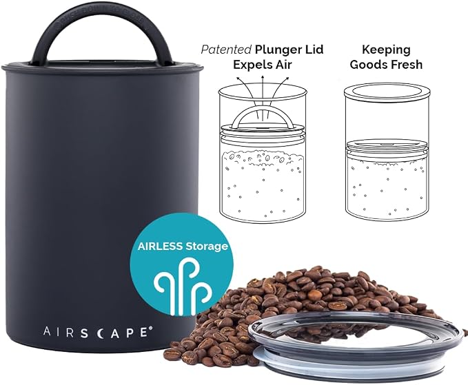 AirScape by Planetary Design | Airless Coffee Storage | 500g | Matte Black | Container | US Patented Inner Plunger Lid REMOVES Excess Oxygen | Don't Buy airtight, Buy AIR-Less | (Medium, Matte Black)