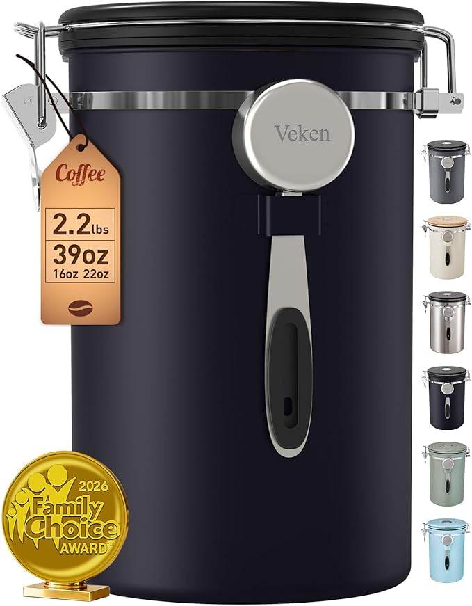 Veken Coffee Canister,39OZ, 2.2lbs,Large Airtight Stainless Steel Container | Kitchen Food Storage Jars for Beans,Ground, Espresso, Rice,Tea, Sugar, Cereal, Cookie, Gifts, Lids, Scoop, Black