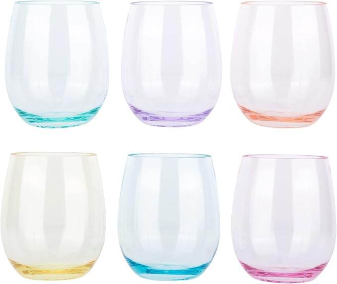 KOXIN-KARLU Classic 18-ounce Acrylic Stemless Wine Glasses, Unbreakable Mixed Drinkware Plastic Tumbler, set of 6 Mutlicolor