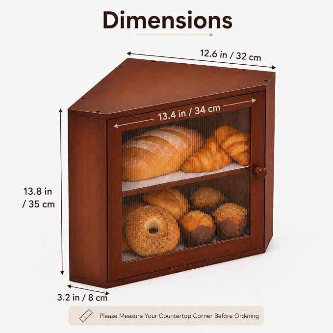 BAMBANG Corner Bread Box for Kitchen Countertop, Large Capacity Bamboo Wood Bread Storage Container, 2 Tier Farmhouse Breadbox with Fluted Acrylic Door for Bread, Homemade Bread and Snacks, Brown