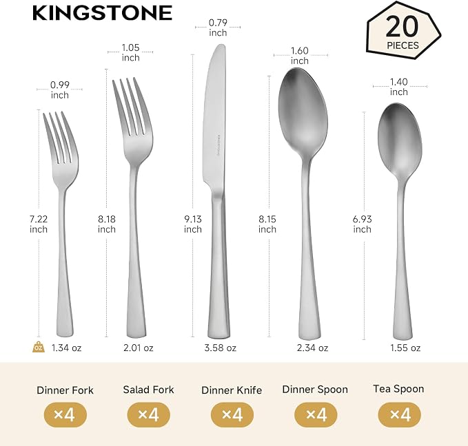 18/10 Flatware set for 4, 20 Piece Matte Stainless Steel Silverware Set | KINGSTONE Forged Flatware Cutlery Set, Mirror Polished Knives Fork and Spoon Utensils, Dishwaher Safe for Home Wedding Party