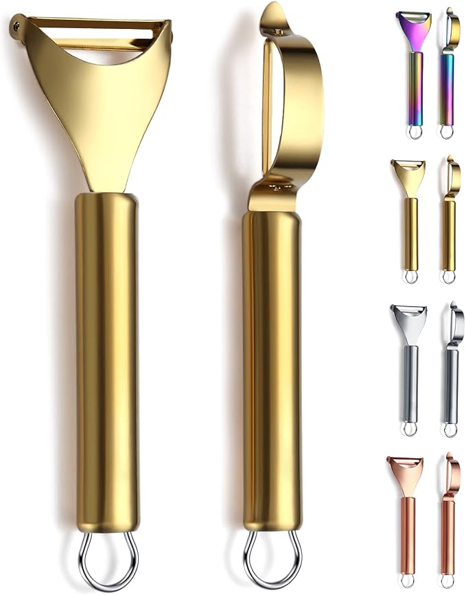 Gold Potato Vegetable And Fruit Peelers For Kitchen, Kyraton Titanium Gold Plating Stainless Steel Peelers,Sharp Blade And Ergonomic Non Slip Easy To Grip Set Of 2