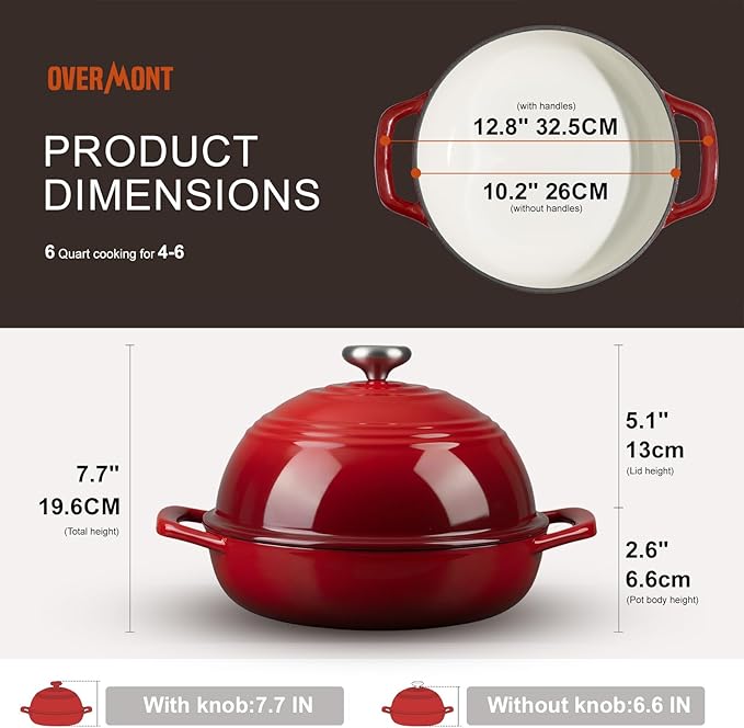 Overmont Enameled Cast Iron Dutch Oven, 6QT Bread Oven with Dome Lid Recipe | Tall Bread Pot with Potholders, for Sourdough Bread Baking Artisan Loaves, Crispy Crust & Better Oven Spring, 500°F Oven Safe