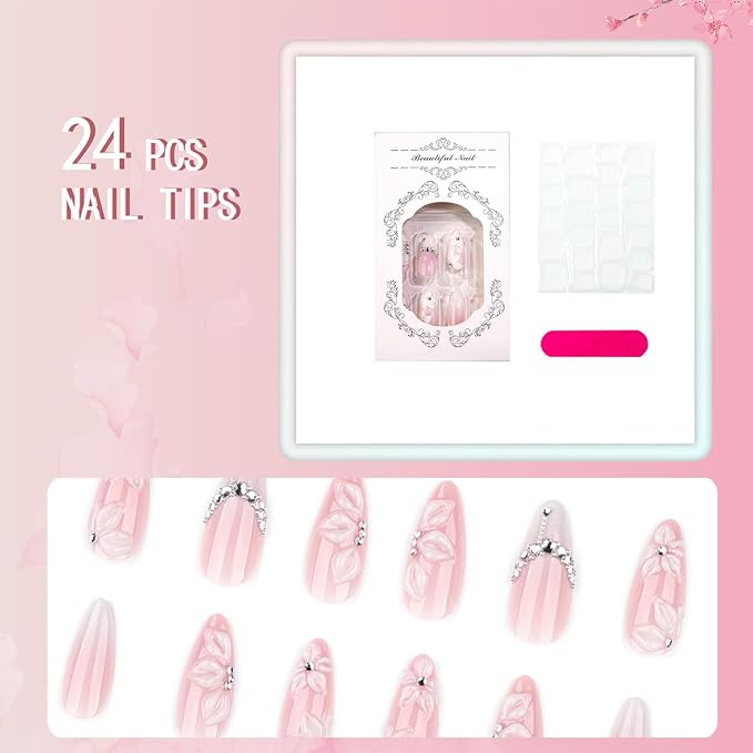 24Pcs Almond Press on Nails Medium French Tip Fake Nails with Silver Rhinestones & 3D Embossed White Flower Design Glossy Nude Pink Glue on Nails Full Cover Acrylic Nail Tips False Nails for Women